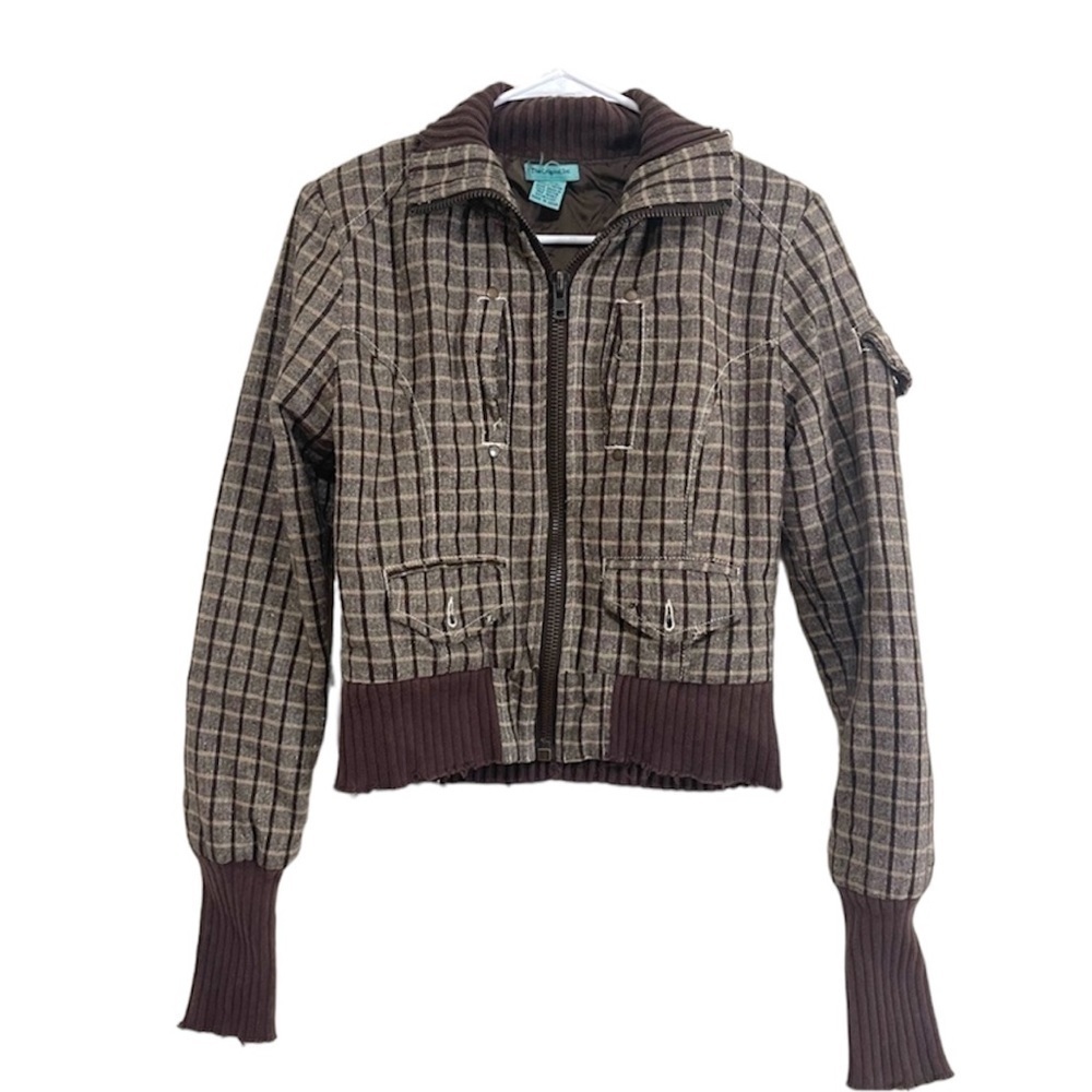Y2k Vintage Women’s Brown Plaid Bomber Puffer Collared Zip Up Jacket
